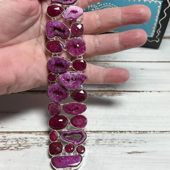 Solar Agate & Ruby Bracelet Handmade Stone Gemstone 925 Silver Large Ethnic New
